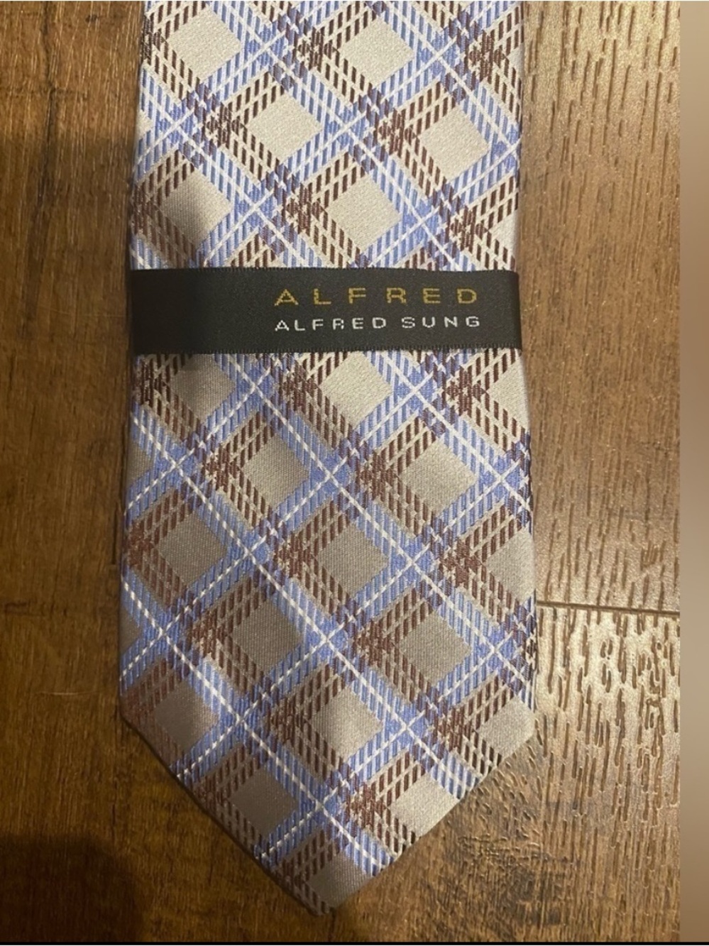 NWT Alfred Sung Men’s 100% Silk Plaid Necktie Blue Silver Brown